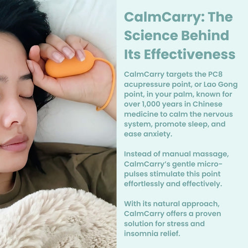 An infographic explaining the science behind CalmCarry, highlighting the PC8 acupressure point (Lao Gong point) in the palm of the hand. The image illustrates how CalmCarry's gentle micro-pulses stimulate this point to calm the nervous system, promote sleep, and relieve anxiety, inspired by 1,000+ years of Chinese medicine practices.